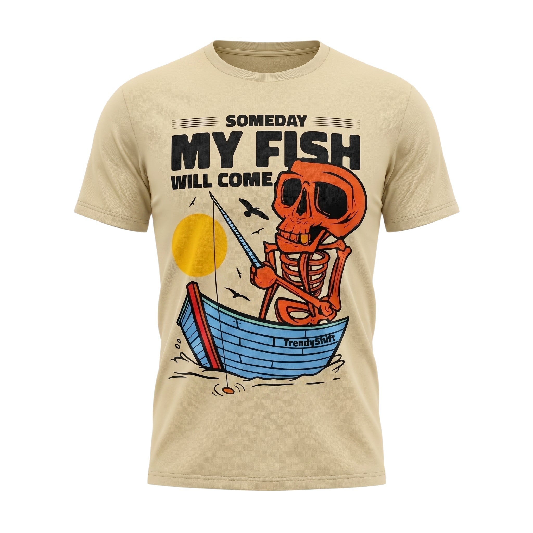 TrendyShift.Com unisex beige cotton t-shirt featuring a graphic of a skeleton fishing in a boat at sunset.