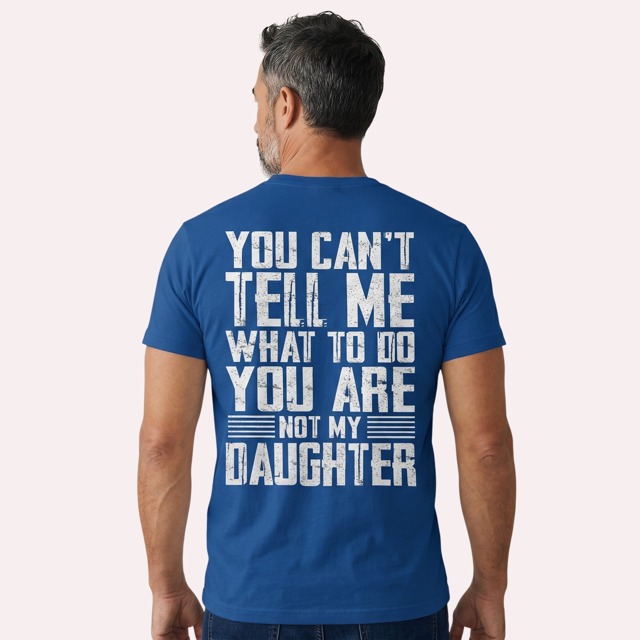 TrendyShift.Com blue cotton graphic tee with distressed white typography on the back, featuring a sarcastic quote.