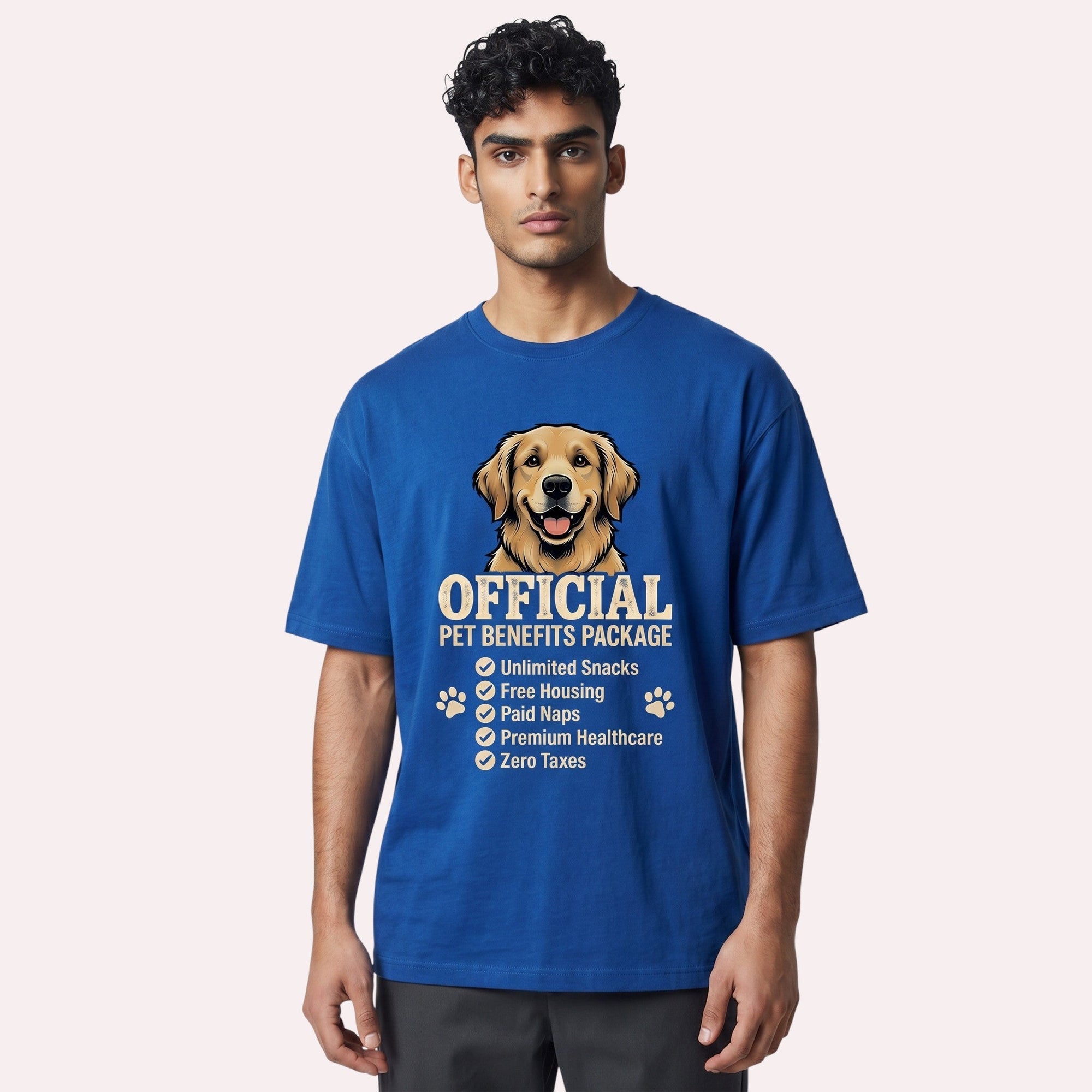 TrendyShift.Com blue heavy cotton unisex t-shirt featuring a golden retriever and Official Pet Benefits Package text