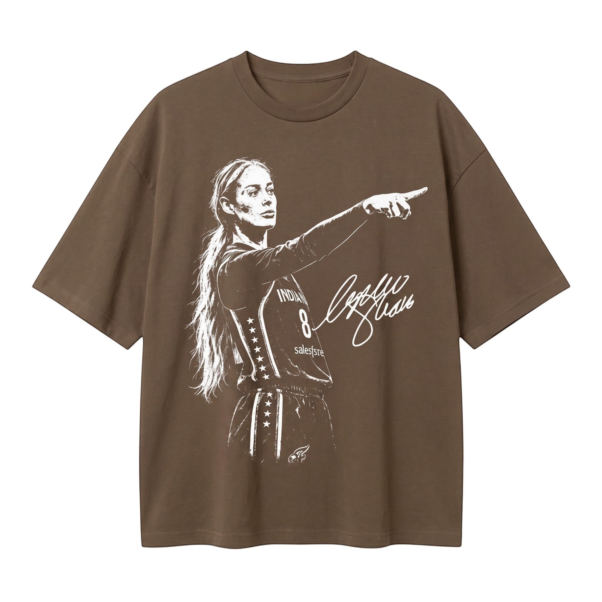TrendyShift.Com brown oversized t-shirt featuring a white graphic of a female basketball player pointing and a signature