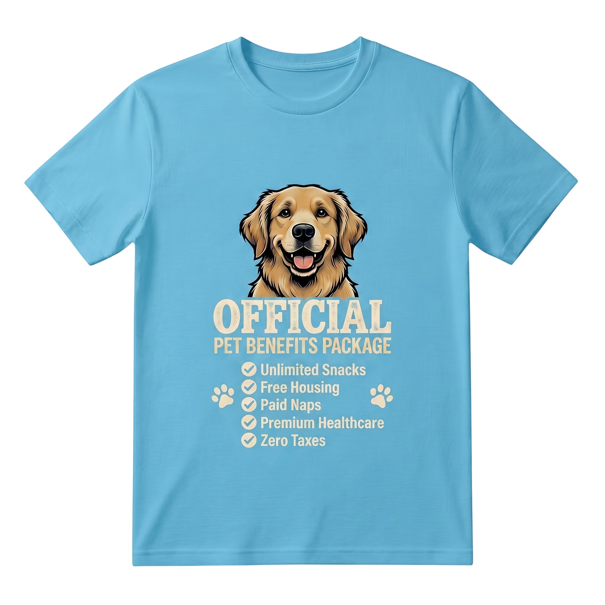 TrendyShift.Com light blue unisex cotton t-shirt featuring a golden retriever and Official Pet Benefits Package graphic.