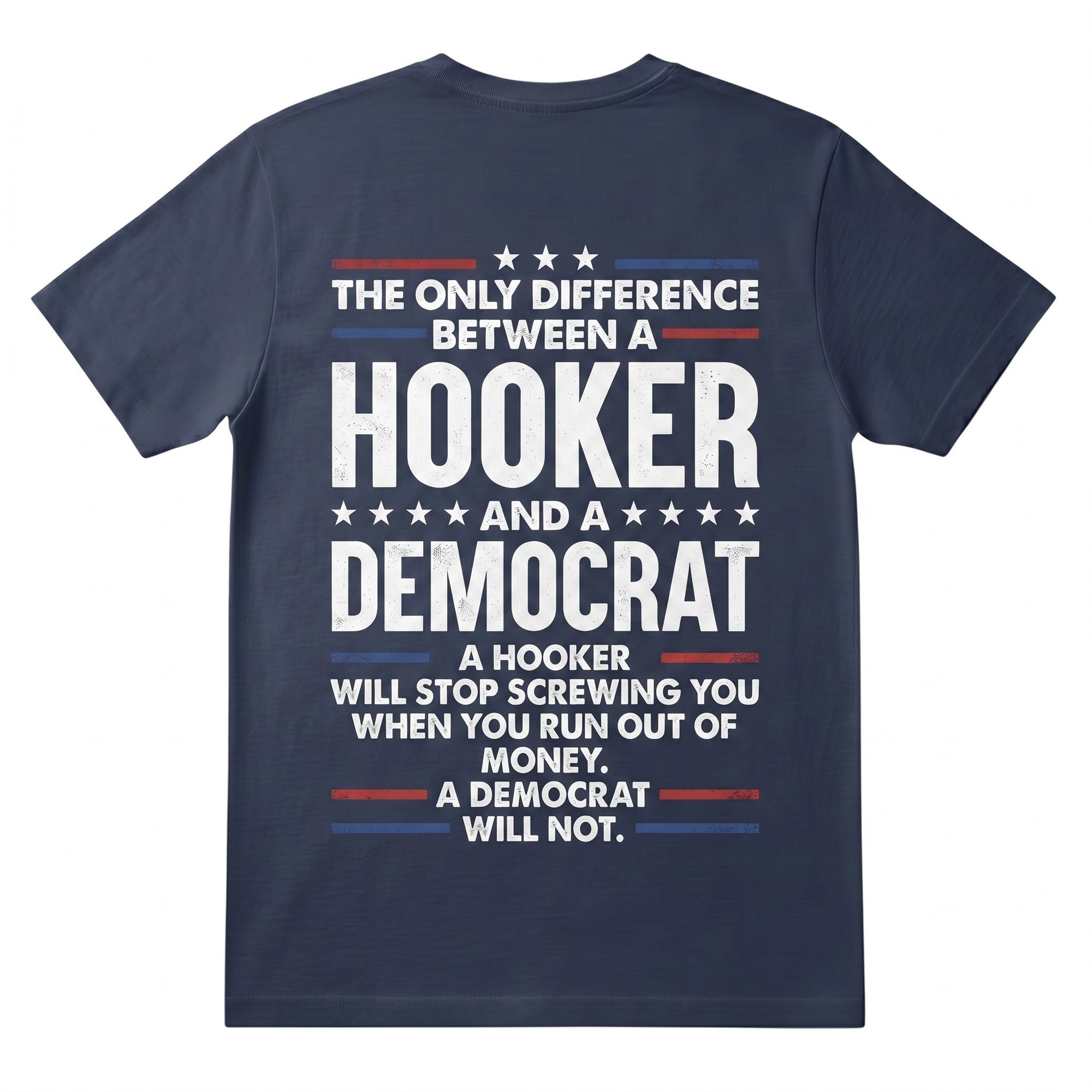 TrendyShift.Com navy blue cotton graphic tee featuring distressed red, white, and blue political satire typography.