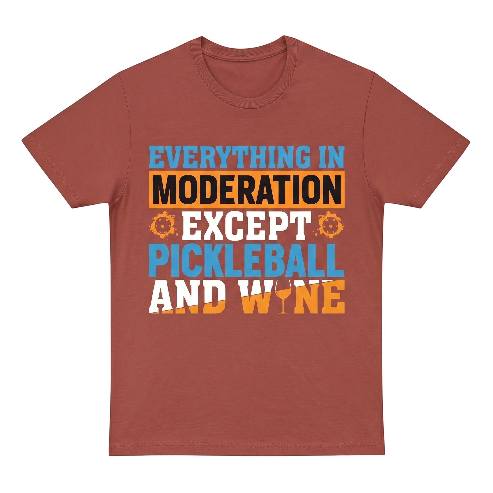 TrendyShift.Com unisex cotton t-shirt in rust red with a blue and orange Pickleball and wine graphic print.