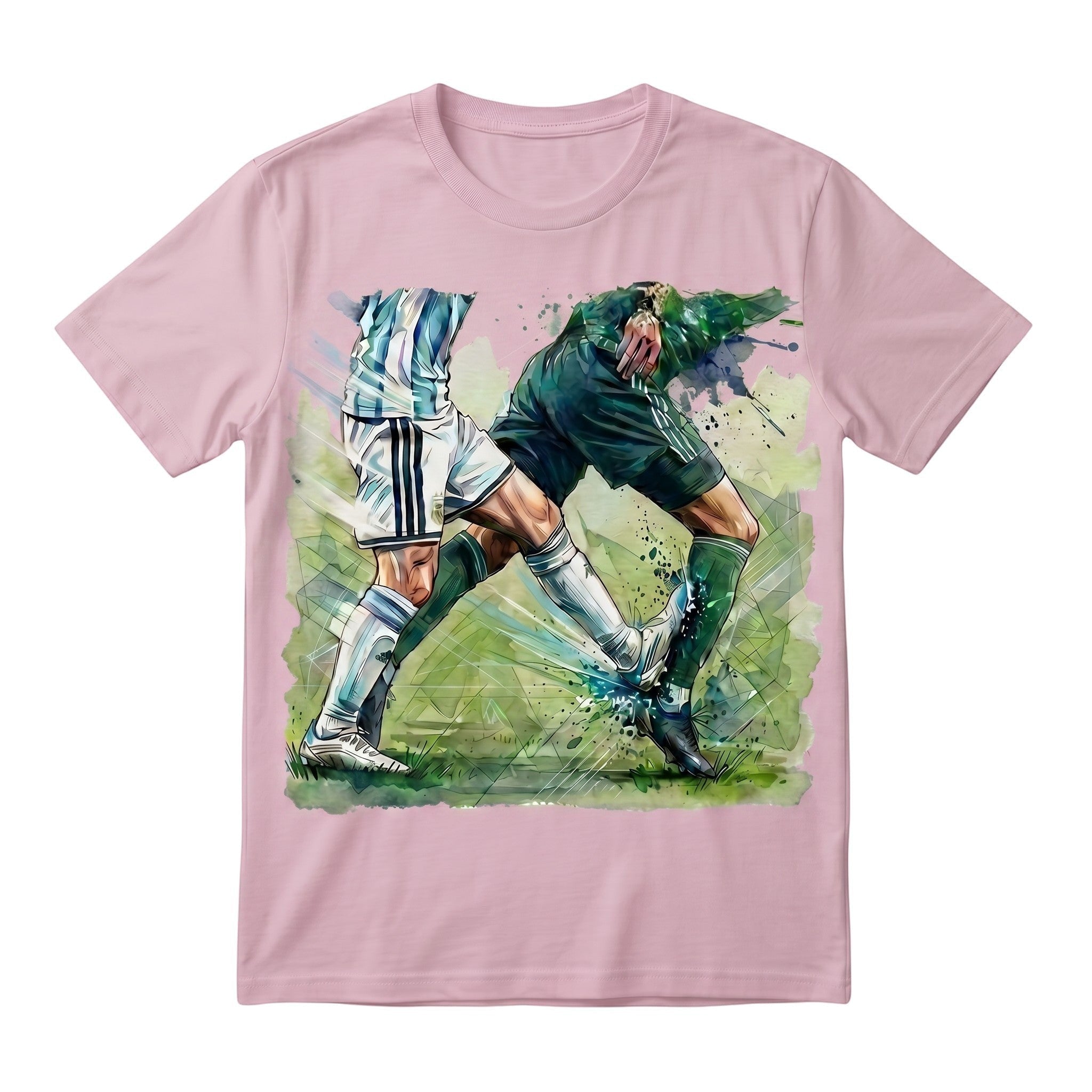 TrendyShift.Com light pink cotton t-shirt featuring a dynamic watercolor soccer duel graphic print.