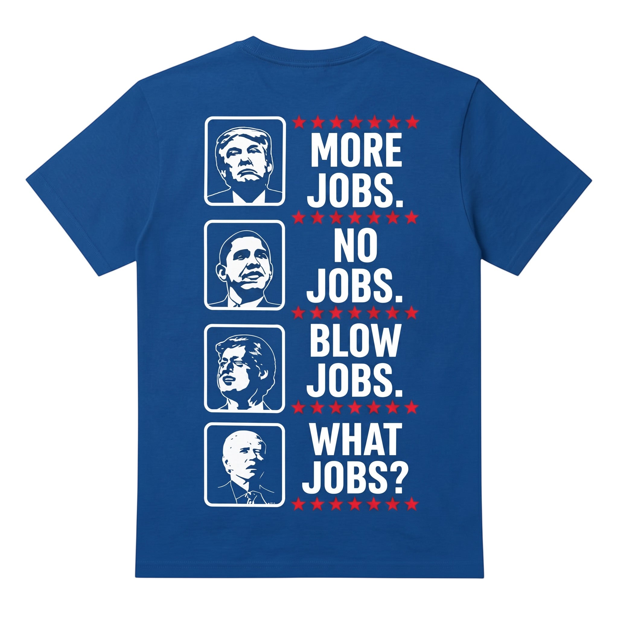 TrendyShift.Com blue cotton graphic t-shirt featuring political satire portraits and bold text on the back.