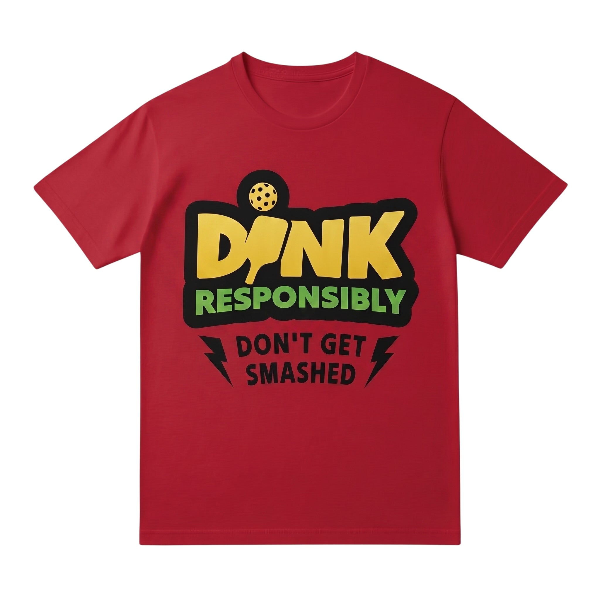 TrendyShift.Com red unisex short sleeve t-shirt with DINK Responsibly pickleball graphic print on the front.