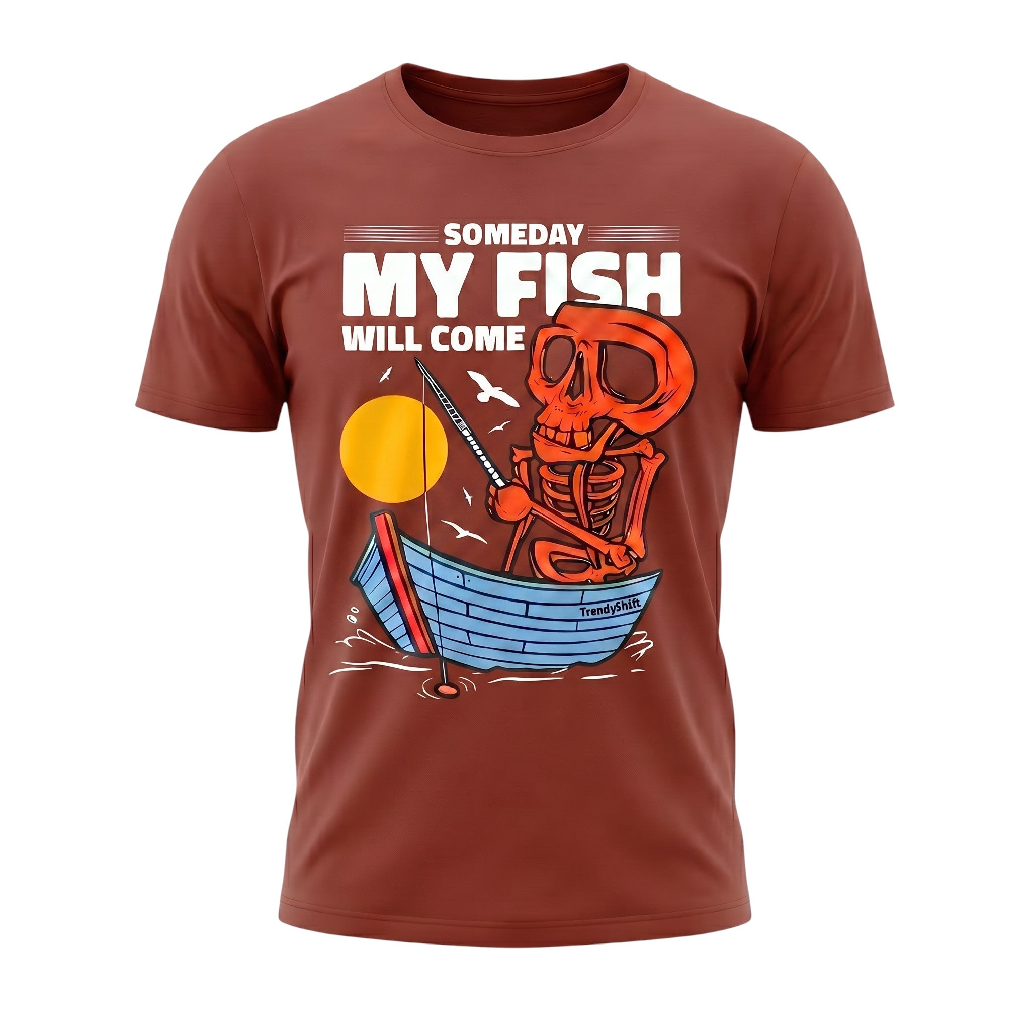 TrendyShift.Com unisex cotton t-shirt in rust brown featuring a skeleton fishing in a boat graphic print.