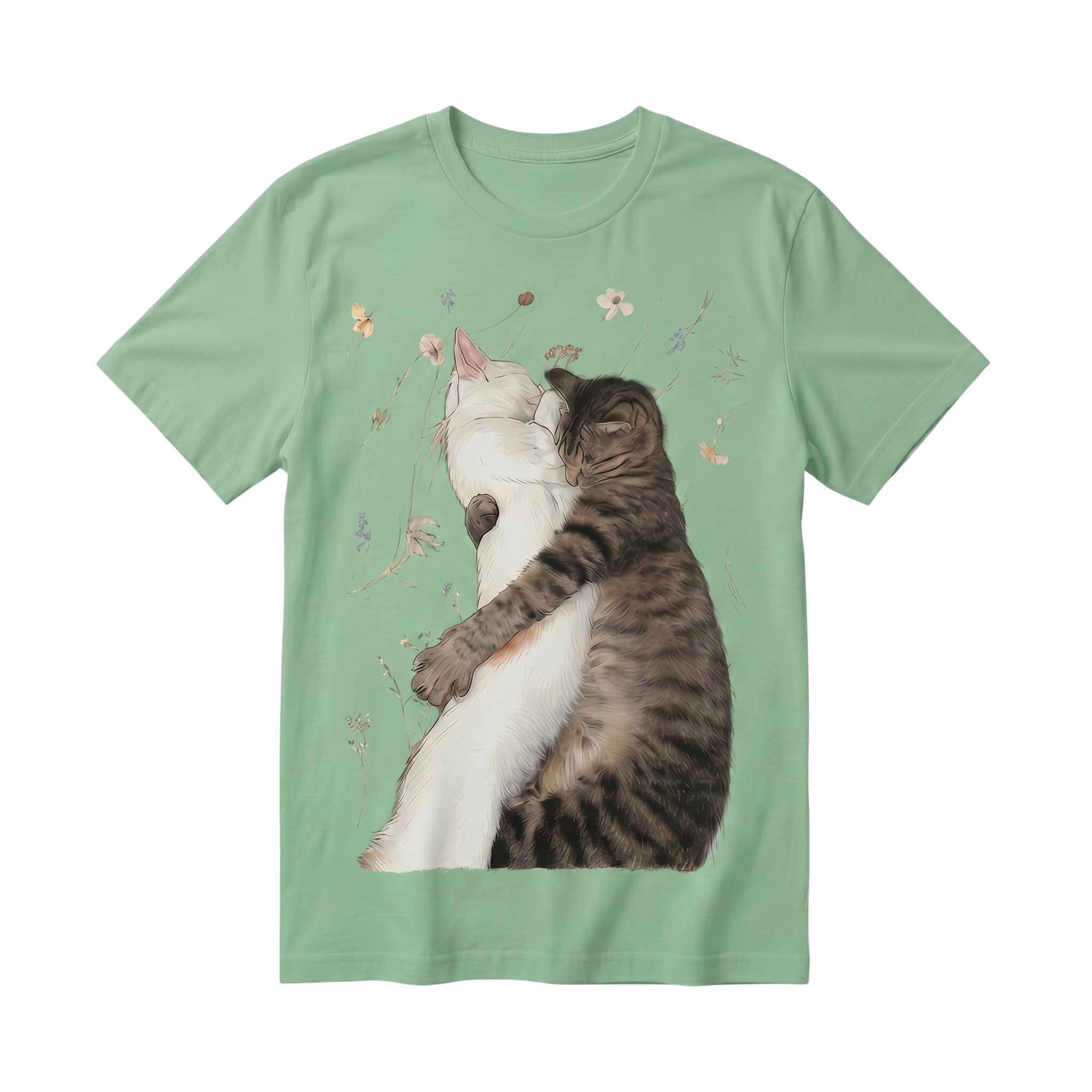 TrendyShift.Com sage green 100% cotton t-shirt featuring a graphic illustration of two cats hugging among wildflowers.
