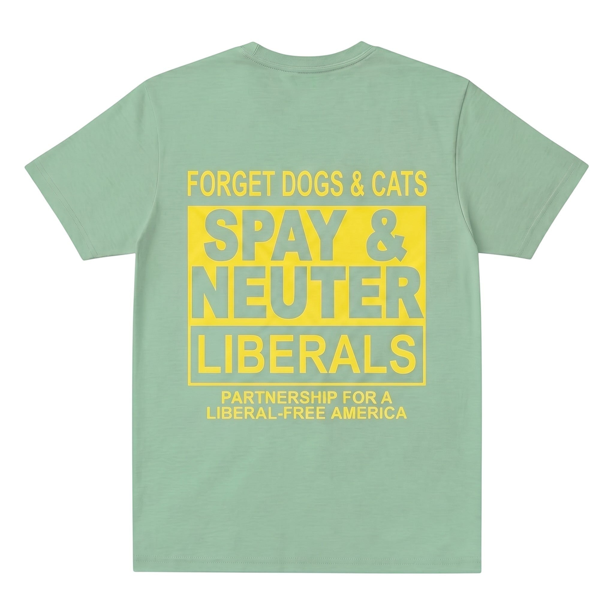 TrendyShift.Com sage green cotton t-shirt with bold yellow and white political satire graphic print on the back.