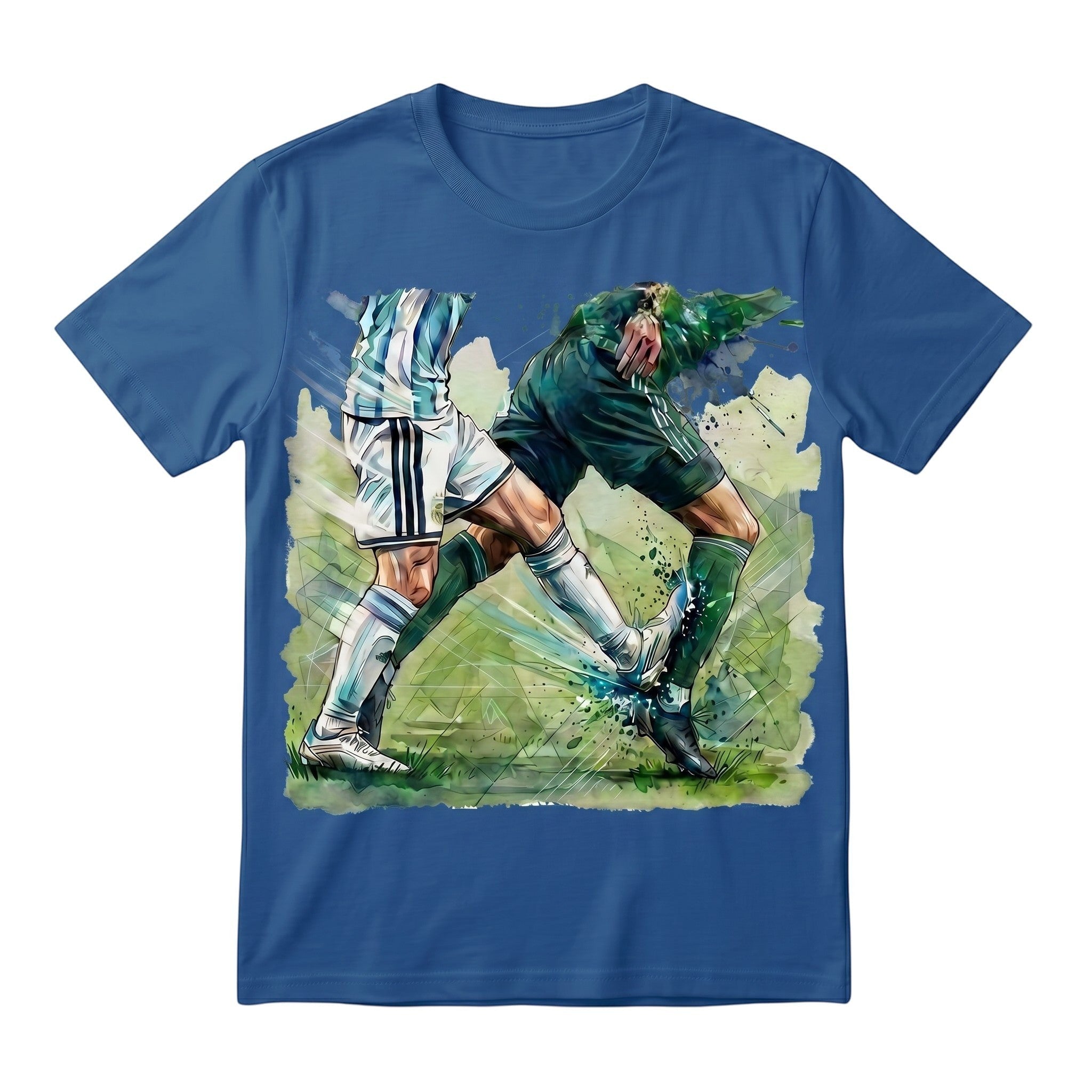 TrendyShift.Com blue cotton t-shirt featuring a dynamic watercolor graphic of two soccer players in a match duel.