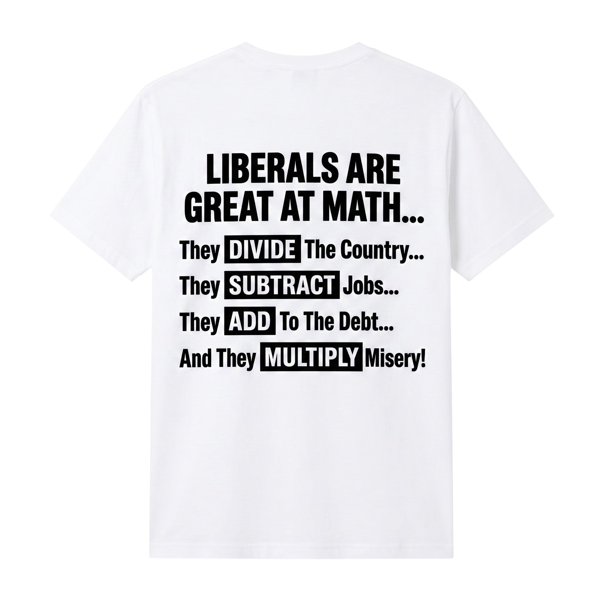 TrendyShift.Com white t-shirt featuring black text about political math on the back