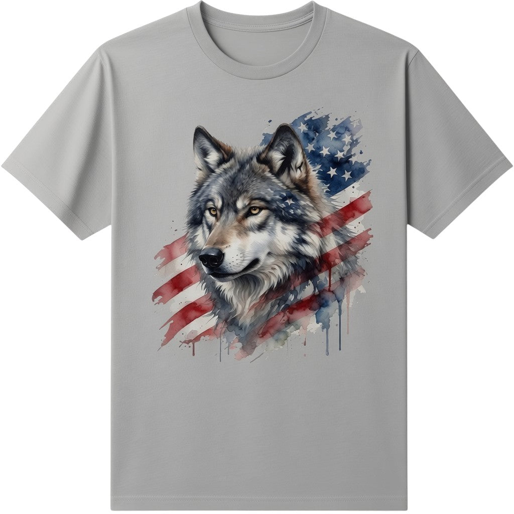 TrendyShift.Com grey t-shirt featuring a watercolor wolf graphic overlaid with an American flag design.