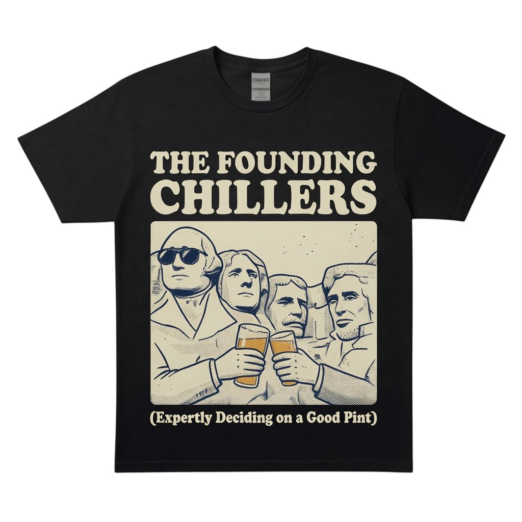 WearTheJoke.com black cotton t-shirt featuring The Founding Chillers graphic of presidents drinking beer