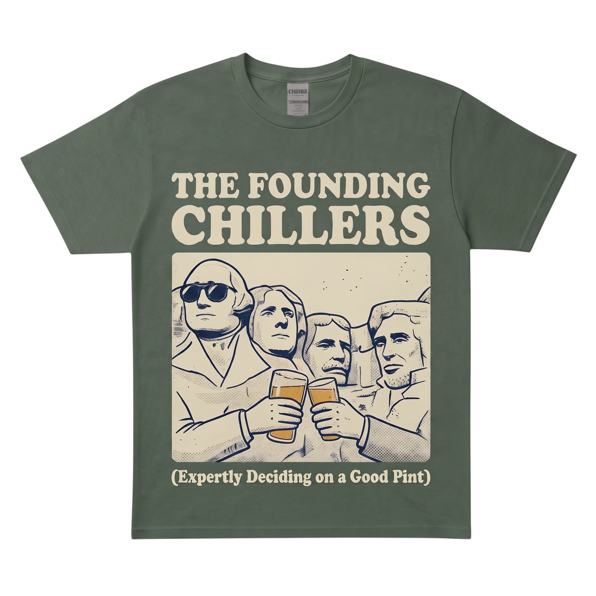 WearTheJoke.com olive green heavy cotton t-shirt featuring a graphic of presidents toasting with beer mugs.