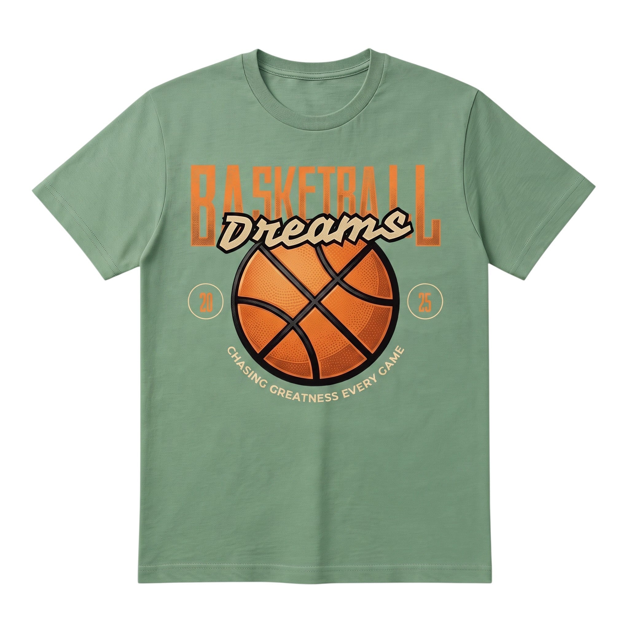 WearTheJoke.com sage green cotton t-shirt with a basketball graphic and Chasing Greatness Every Game text